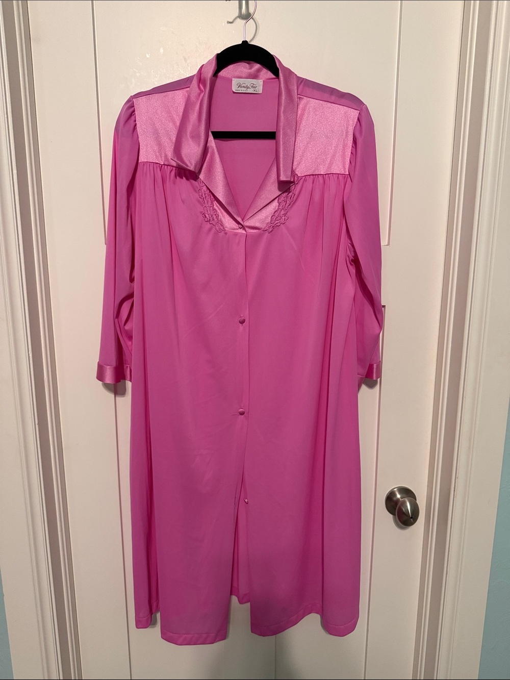 Vanity Fair Bright Pink Satin-Yoke Button Barbiecore Glam Nightgown Size XL